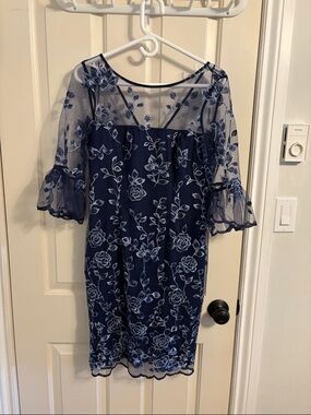 Adrianna Papell Navy Blue Floral Embroidered Midi Dress